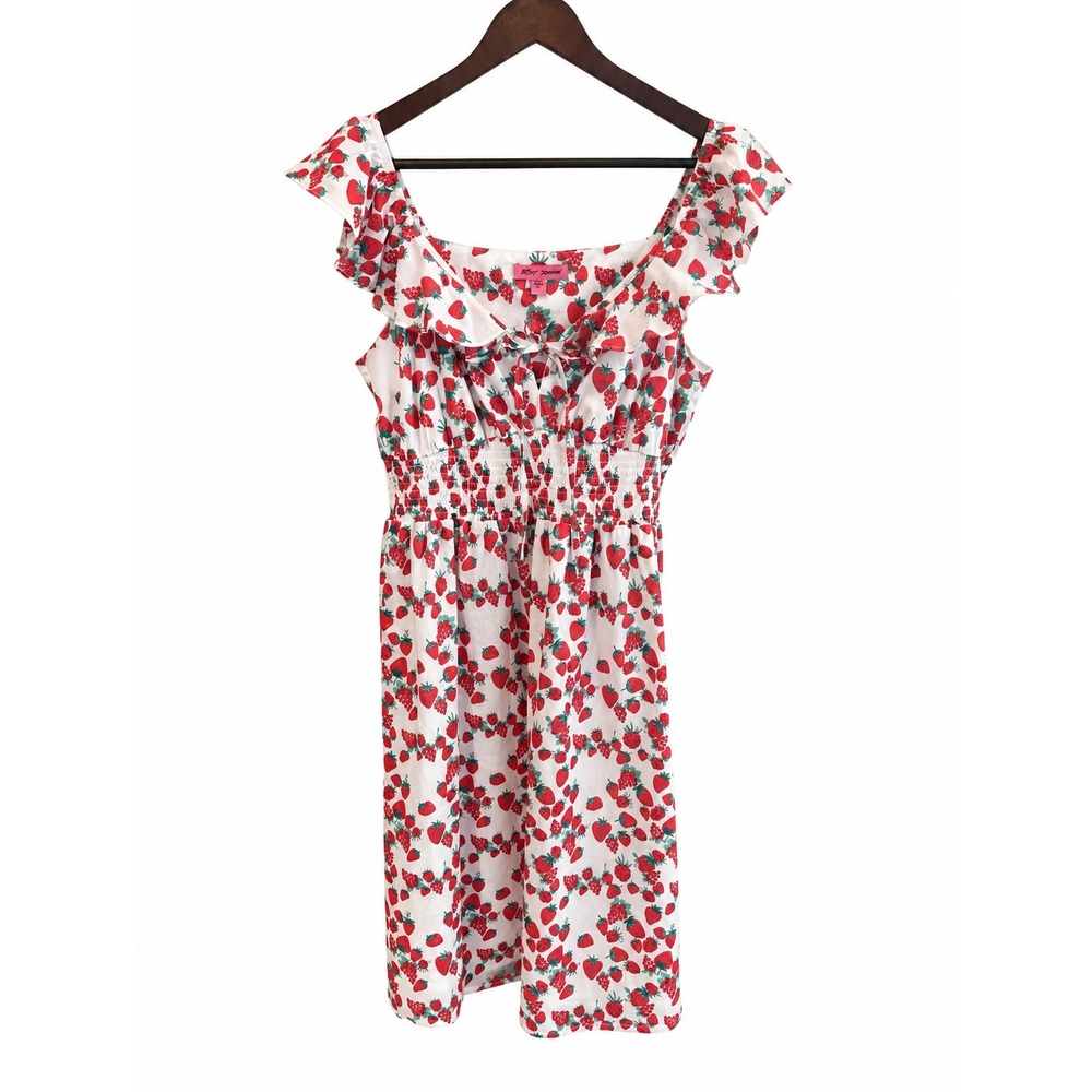 Betsey Johnson Strawberry Print Dress Womens Large White Red EUC Smocked Ruffle